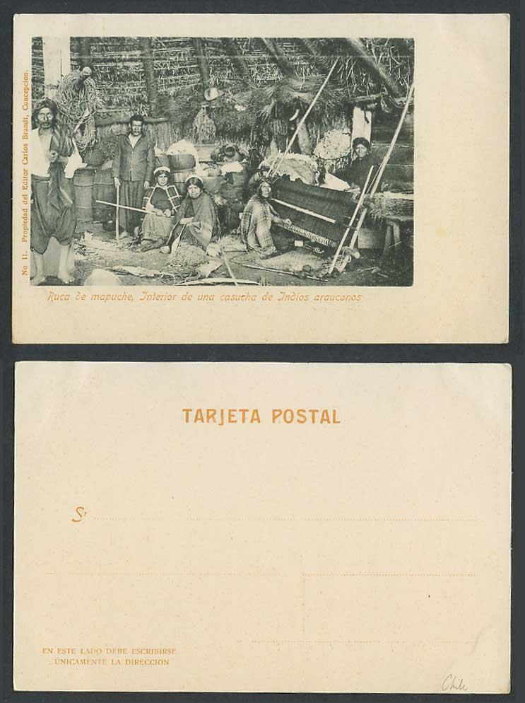 Chile Old UB Postcard Ruca de mapuche casucha de Indios araucanos, Weavers, Loom
