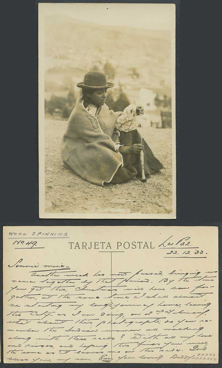 Bolivia 1933 Old Real Photo Postcard La Paz, Wool Spinning, Native Indian Woman