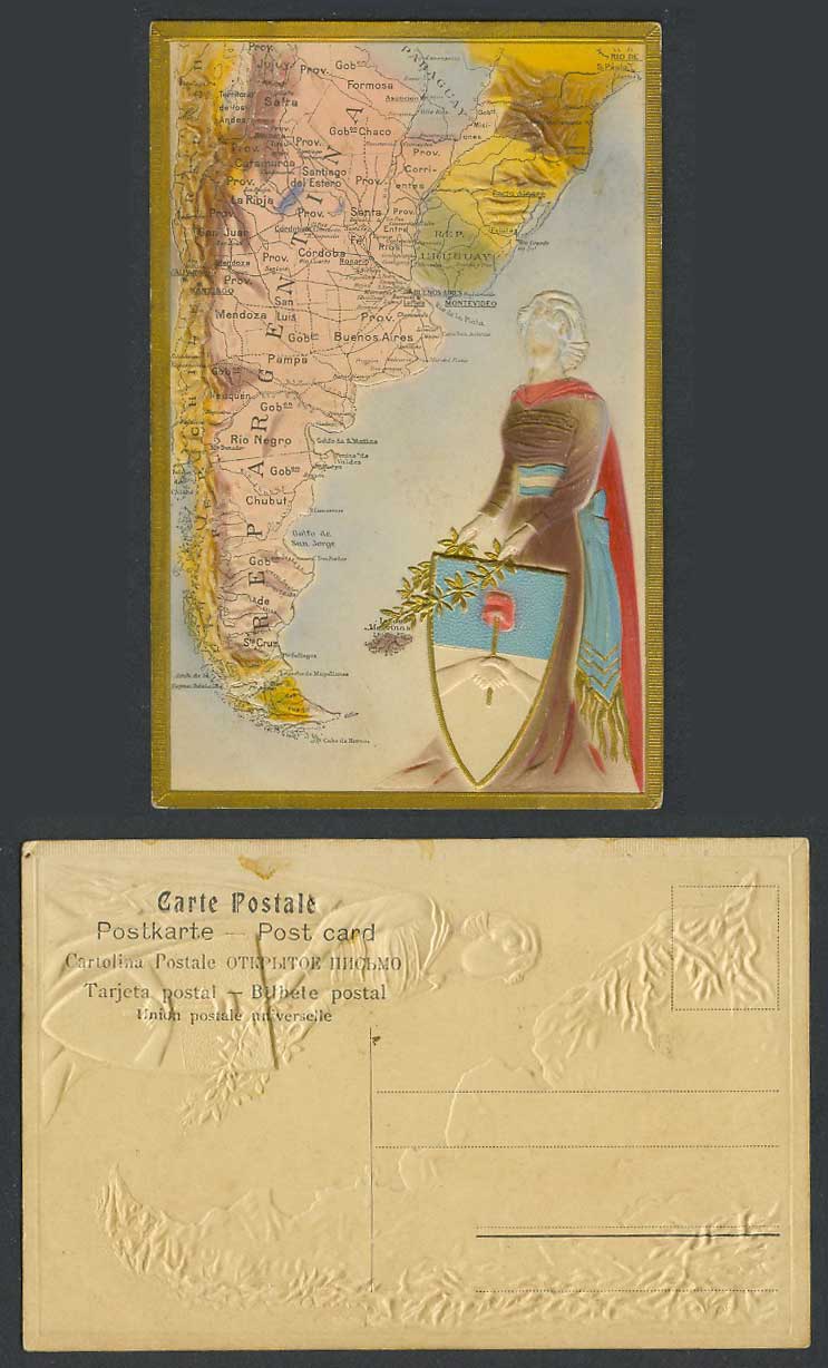 MAP of Argentina Chile Uruguay Paraguay Brazil, Woman Lady Old Embossed Postcard