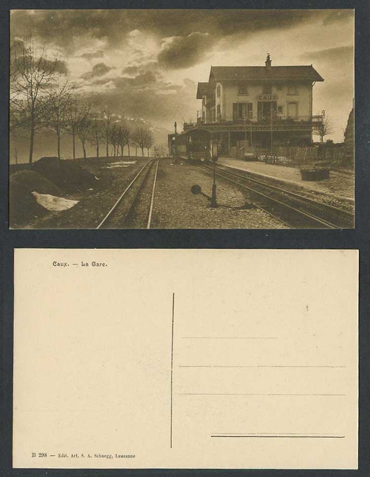 Switzerland Swiss Old Postcard Caux, La Gare a Train at Railway Station Railroad