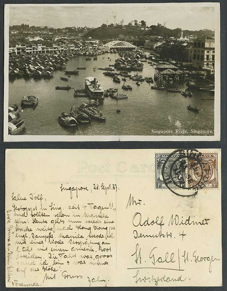 Singapore River Scene KG5 1c 5c 1937 Old Real Photo Postcard Bridge Sampan Boats