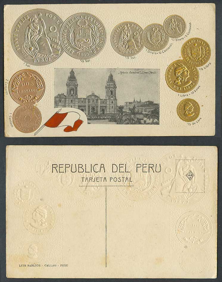 Peru Vintage Coins Coin Card Iglesia Catedral Lima Church Cathedral Old Postcard