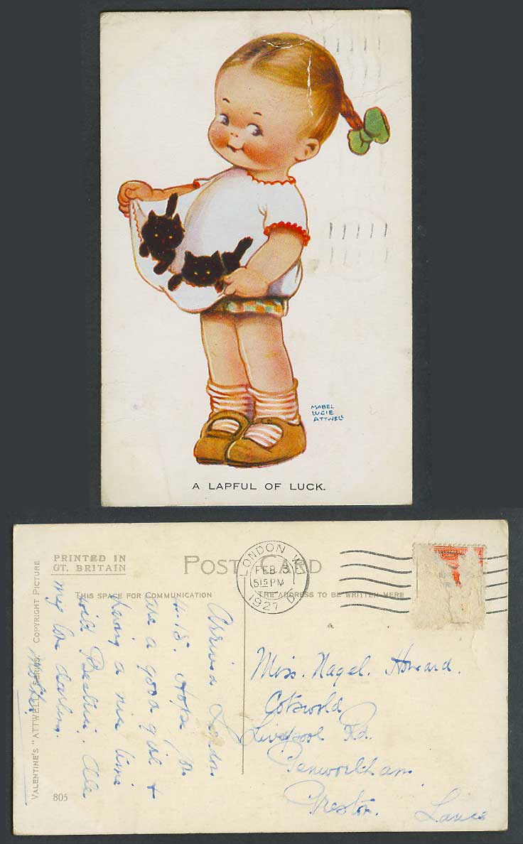 MABEL LUCIE ATTWELL 1927 Old Postcard A Lapful of Luck, 2 Black Cats Kittens 805
