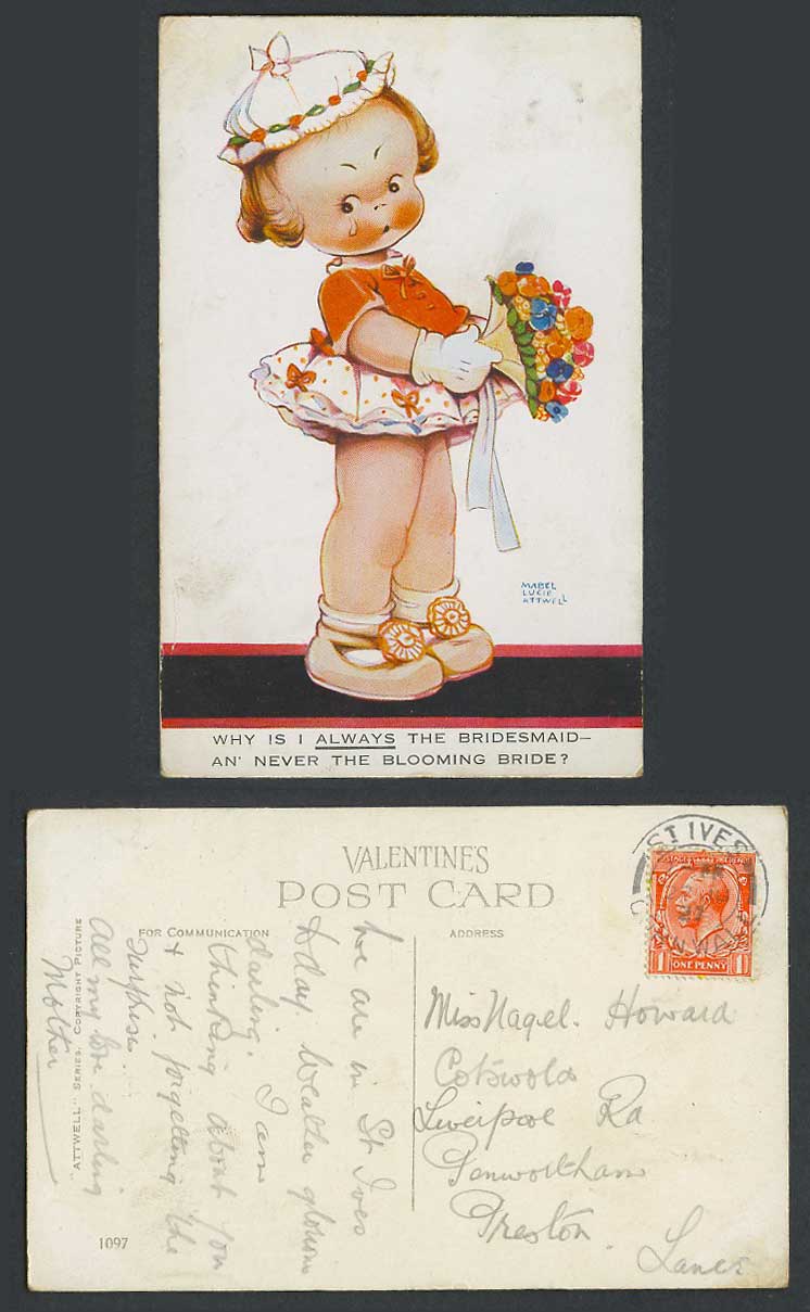 MABEL LUCIE ATTWELL 1927 Old Postcard Always Bridesmaid, Nvr Blooming Bride 1097