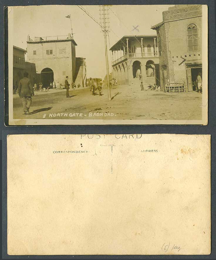 IRAQ Old Real Photo Postcard North Gate Baghdad Bagdad Street Scene Donkey Rider