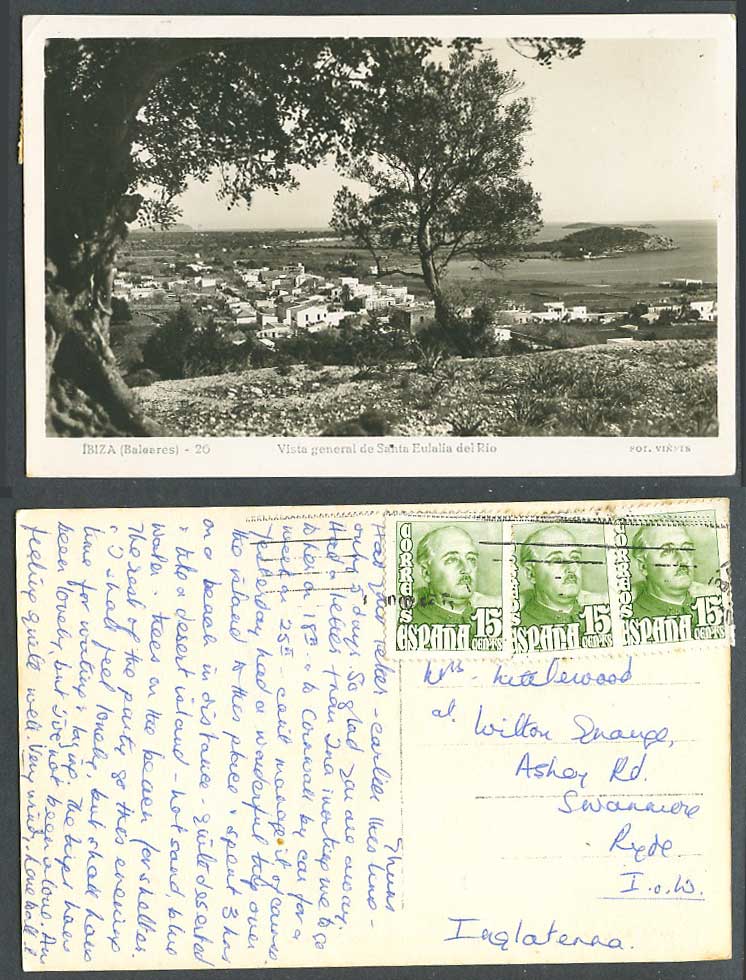 Spain IBIZA Baleares 15c x3 Old Postcard Vista Generale de Santa Eulalia del Rio