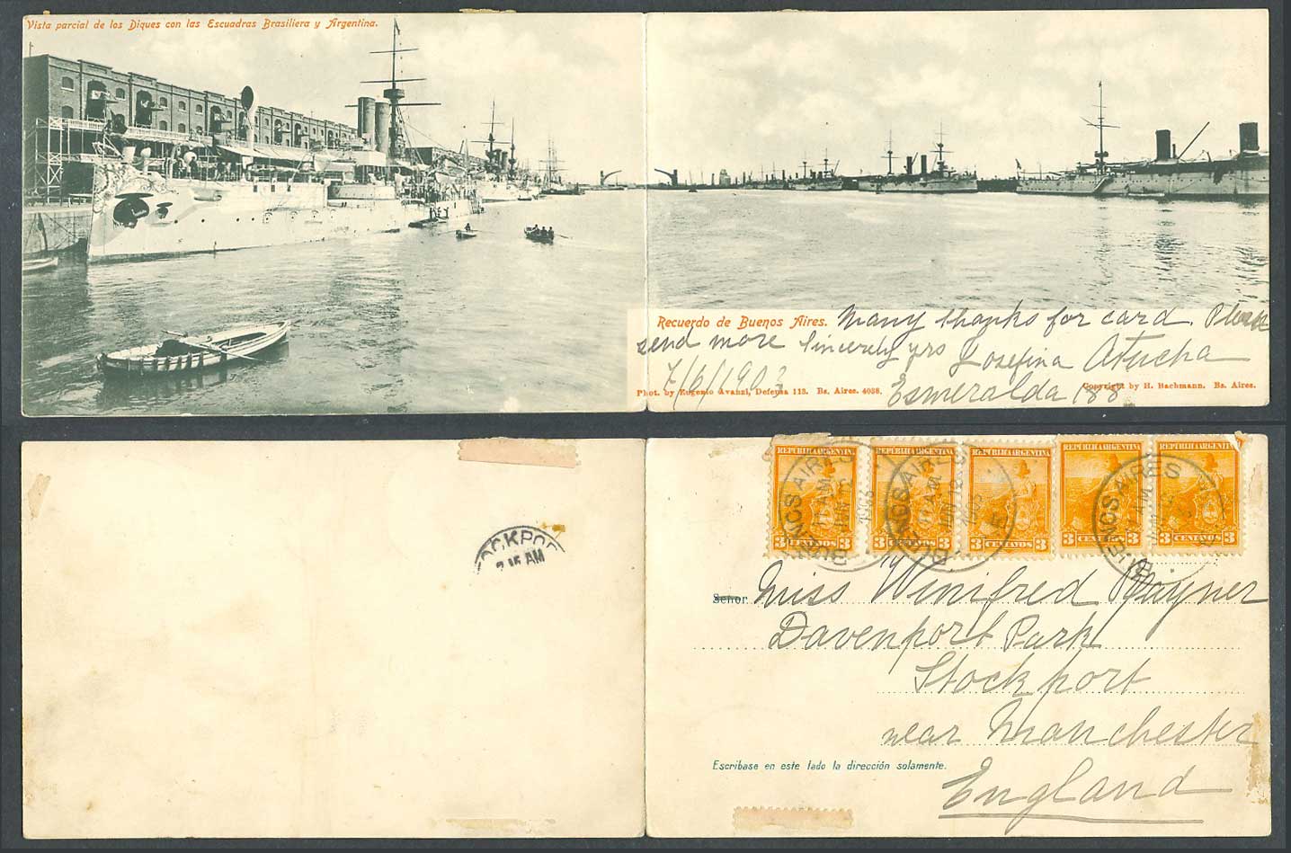 Argentina 1903 Old 2 Postcards 1 Panorama Buenos Aires Dykes Brazilian Warships