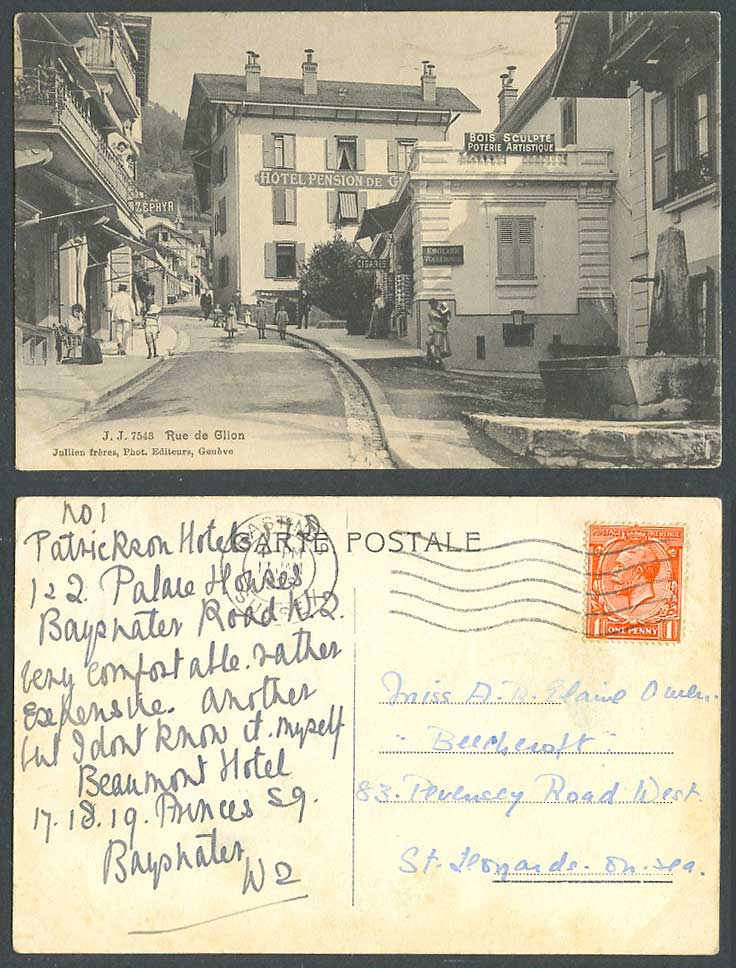 Swiss 1929 Old Postcard Rue de Glion Street Scene Hotel Pension Artistic Pottery