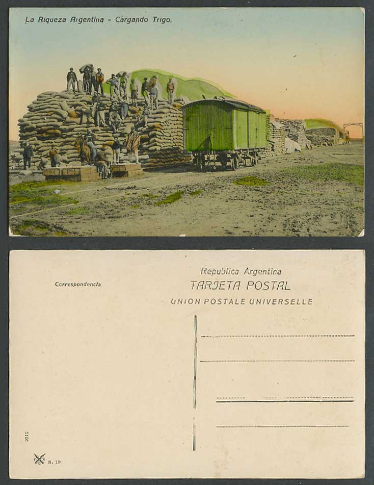 Argentina Old Postcard La Riqueza Argentina, Cargando Trigo, Train Loading Wheat