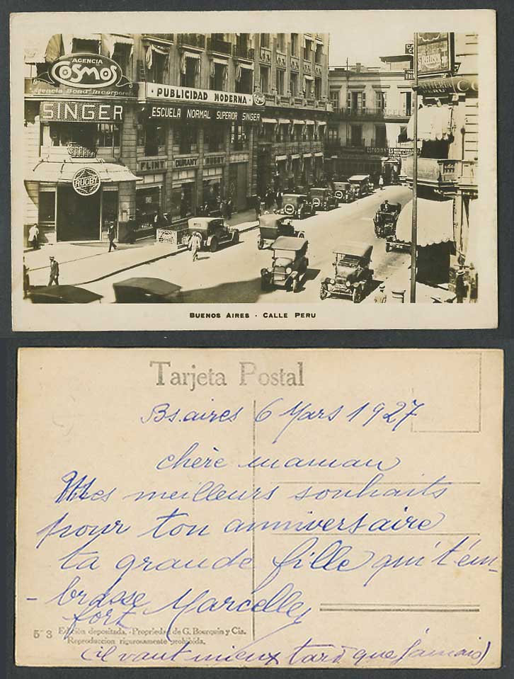 Argentina Old RP Postcard Buenos Aires Calle Peru Street Scene Cars SINGER RUGBY