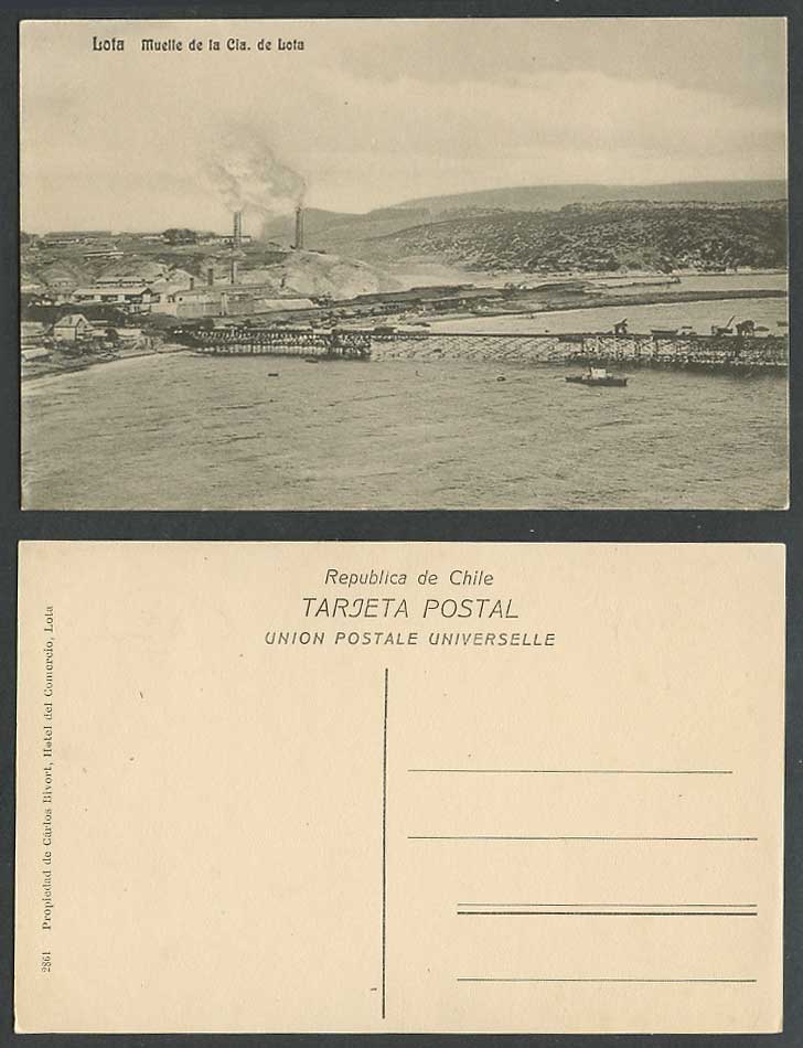 Chile Old Postcard Lota Muelle de la Cia. de Lota Pier Jetty Hill Boats Panorama