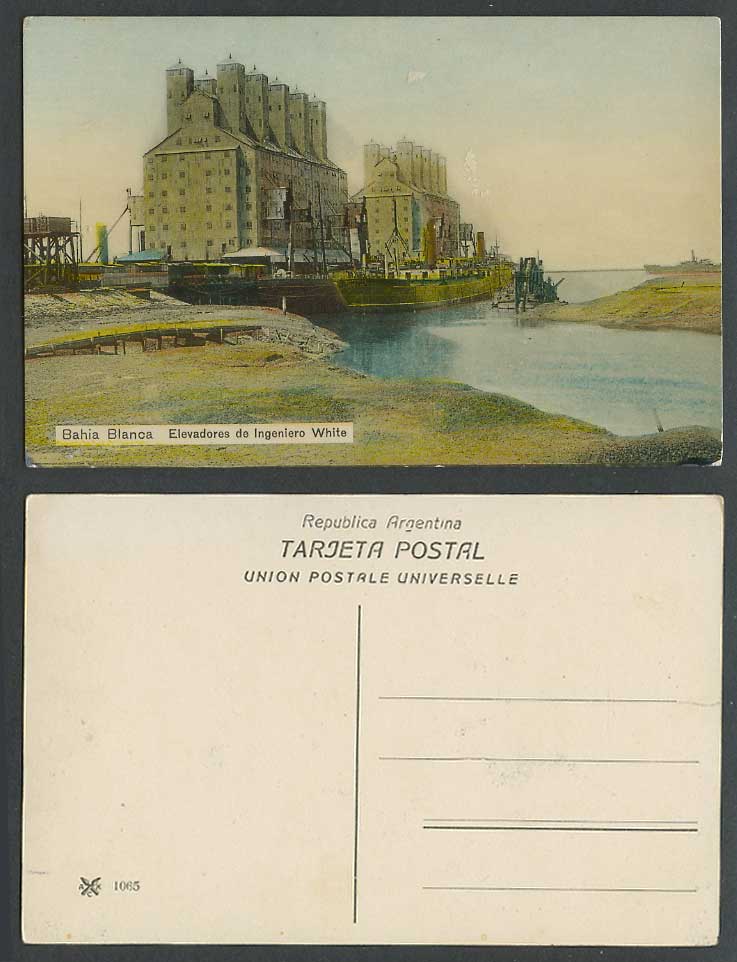 Argentina Old Postcard Bahia Blanca Elevadores de Ingeniero White Steamers Ships