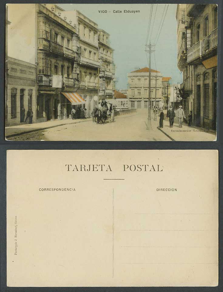 Spain Old Colour Postcard VIGO Calle Elduayen Street Scene, Horse Cart Papeleria
