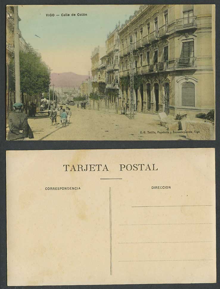 Spain Old Colour Postcard VIGO, Calle de Colón Colon Street Scene, Children Boys