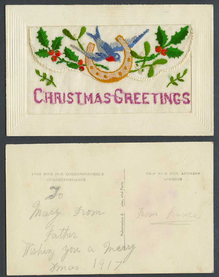 WW1 SILK Embroidered 1917 Old Postcard Christmas Greetings Bird Horseshoe Wallet