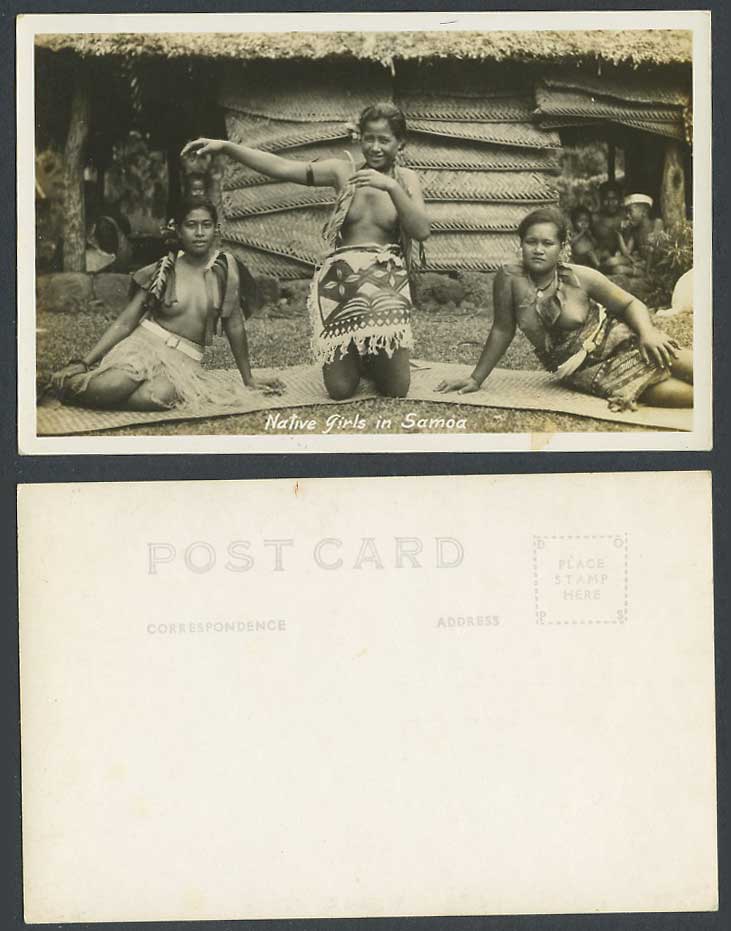 Samoa Old Photo Postcard Native Young Women Bare Breasts Dancer Dancing Costumes