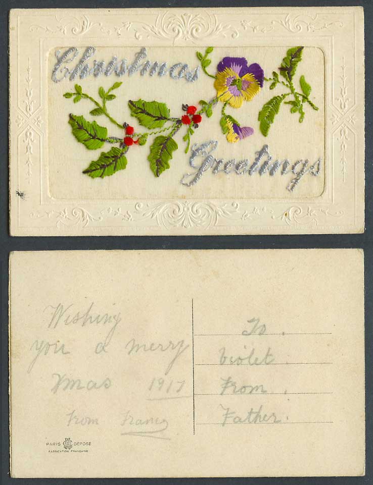 WW1 SILK Embroidered 1917 Old Postcard Christmas Greetings, Pansy Flowers, Holly
