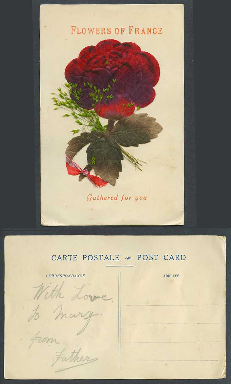 WW1 Flowers of France Gathered for You Old Postcard Novelty Flower made by Cloth