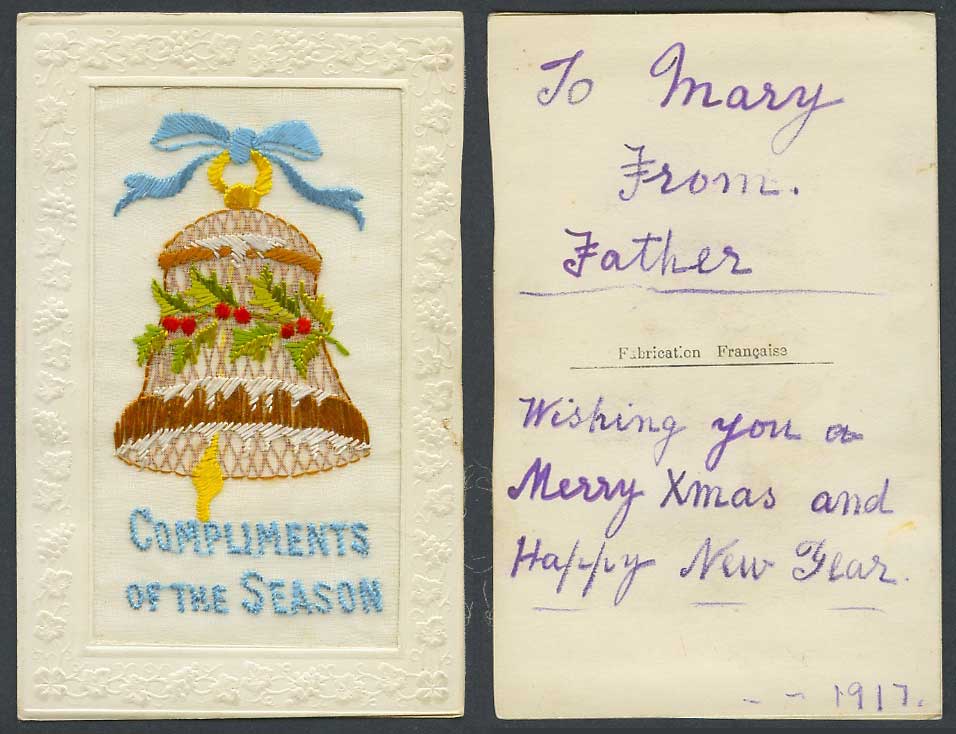 WW1 SILK Embroidered 1917 Old Postcard BELL Compliments of The Season Holly Xmas