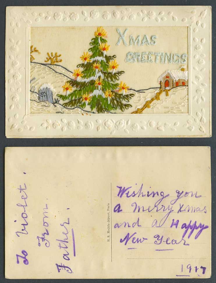 WW1 SILK Embroidered 1917 Old Postcard Xmas Greetings, Christmas Tree Snow House