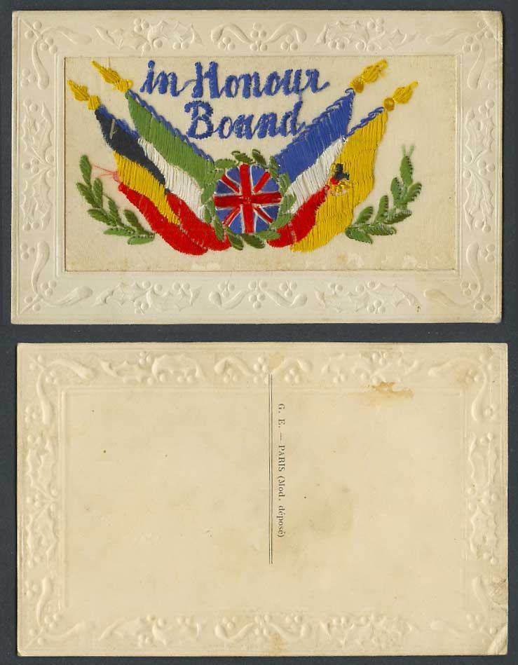WW1 SILK Embroidered Old Postcard In Honour Bound Flag Flags Military Novelty GE
