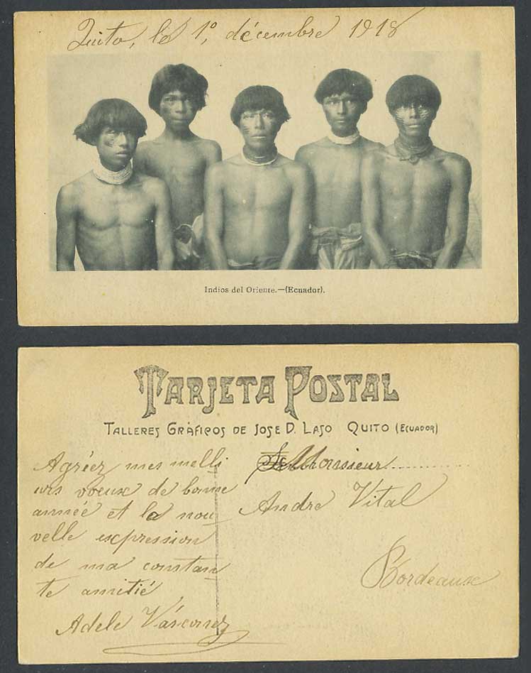 Ecuador 1918 Old Postcard Indios del Oriente, East Indians Men Boys Painted Face