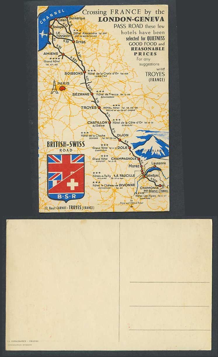 MAP B.S.R. British Swiss Crossing France by London Geneva Pass Road Old Postcard