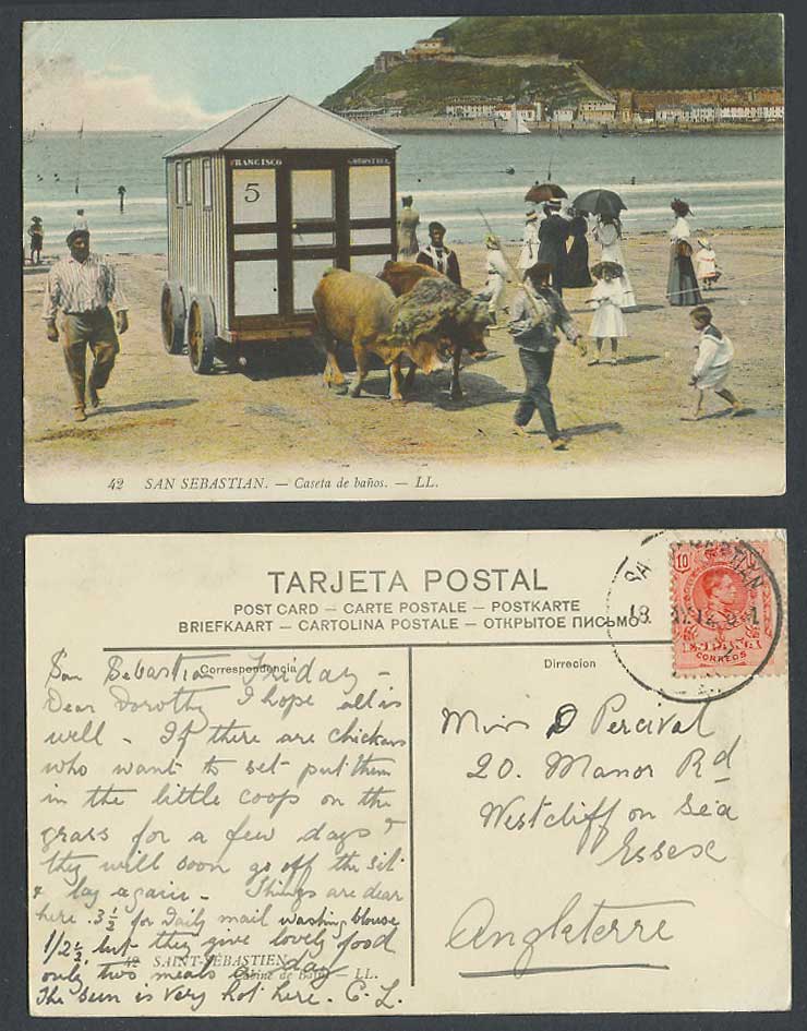 Spain 1912 Old Postcard San Sebastian Caseta de Baños Cattle Bulls Beach L.L. 42