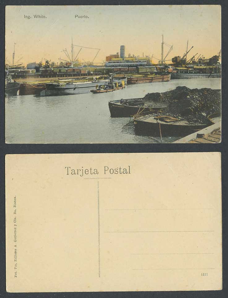 Argentina Old Postcard Bahia Blanca Ingeniero Ing. White Puerto Harbour Ships