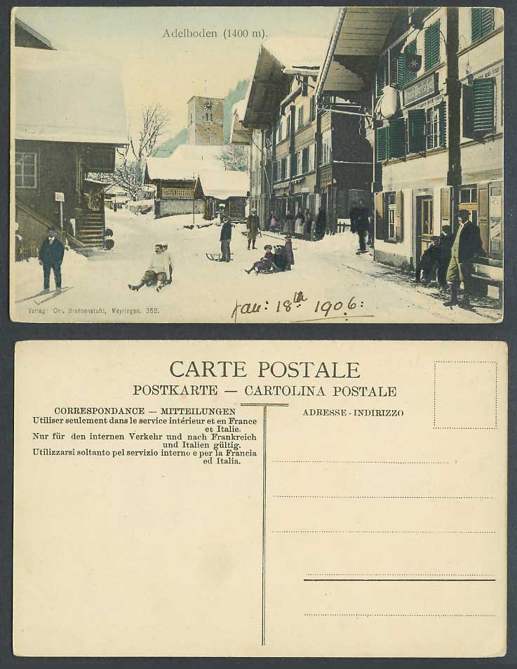 Switzerland 1906 Old Postcard Adelboden Skiing Sledging Winter Sport Clock Tower