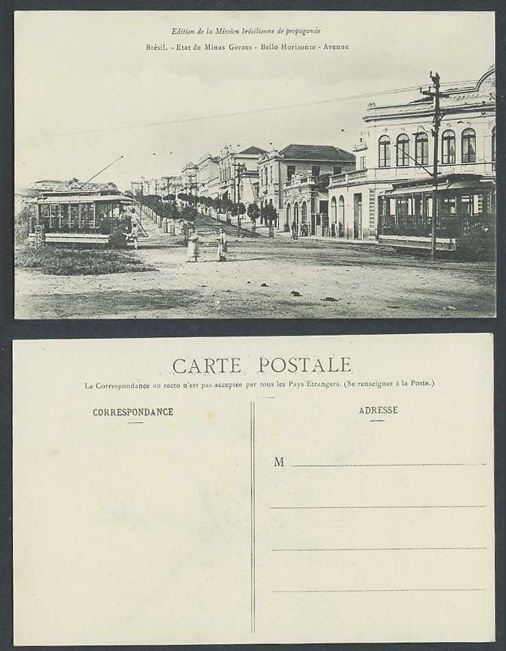 Brazil Brasil Old Postcard Etat de Minas Geraes - Bello Horizonte - Avenue, TRAM