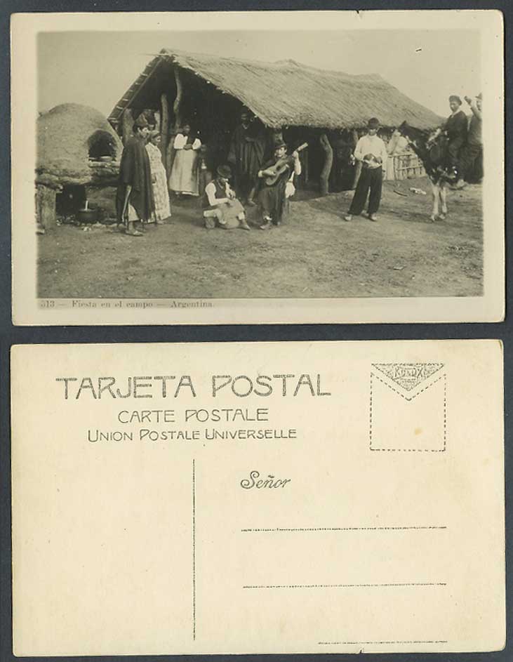 Argentina Old Postcard Fiesta en el Campo, Country Party Guitar Player Horse Hut
