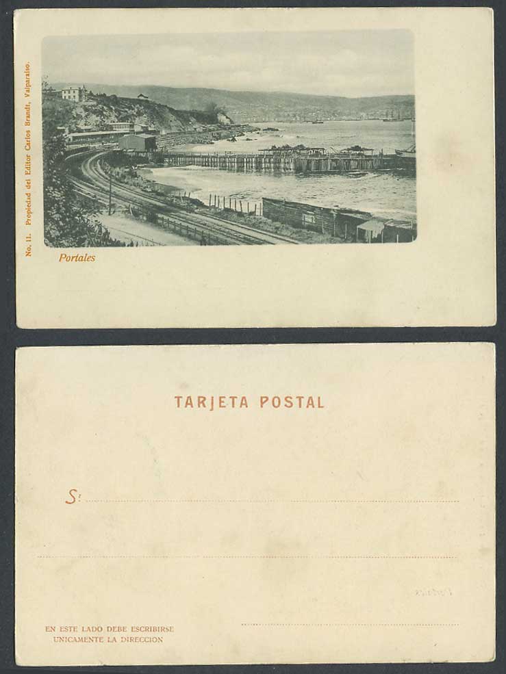 Chile Old UB Postcard Portales Railroad Railway Rail Pier Jetty Harbour Panorama