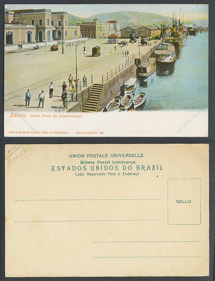 Brazil Brasil Old Postcard SANTOS Docas Ponto do Desembarque Boats Landing Point