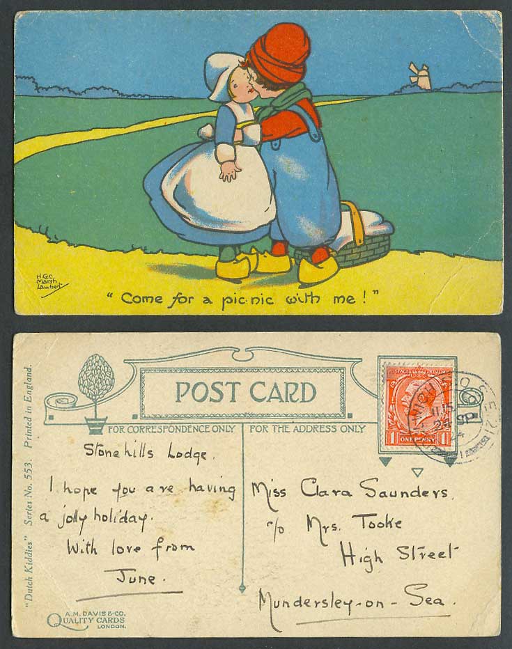 HGC Marsh Lambert 1924 Old Postcard Dutch Boy Girl Kiss Come for Picnic with me!