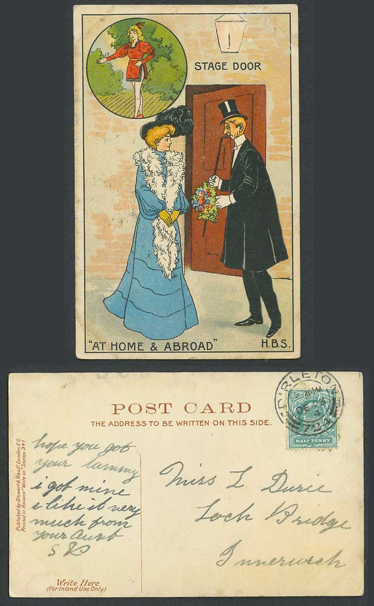 H.B.S. 1904 Old Postcard Stage Door At Home & Abroad, Glamour Lady Woman Flowers