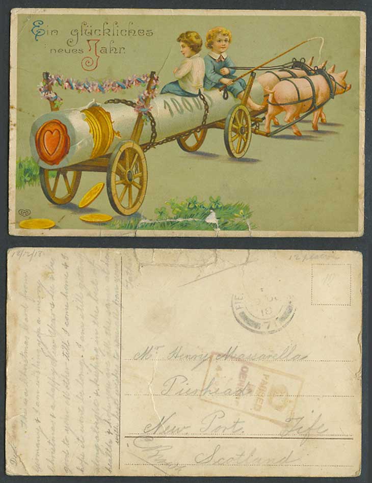 Pig Pigs Coin Cart Coins Happy New Year Greetings WW1 Censored 1918 Old Postcard