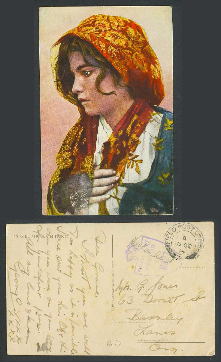 Italy WW2 Censored 1944 Postcard Siciliano Costume Sicilian Costumes, Girl Woman