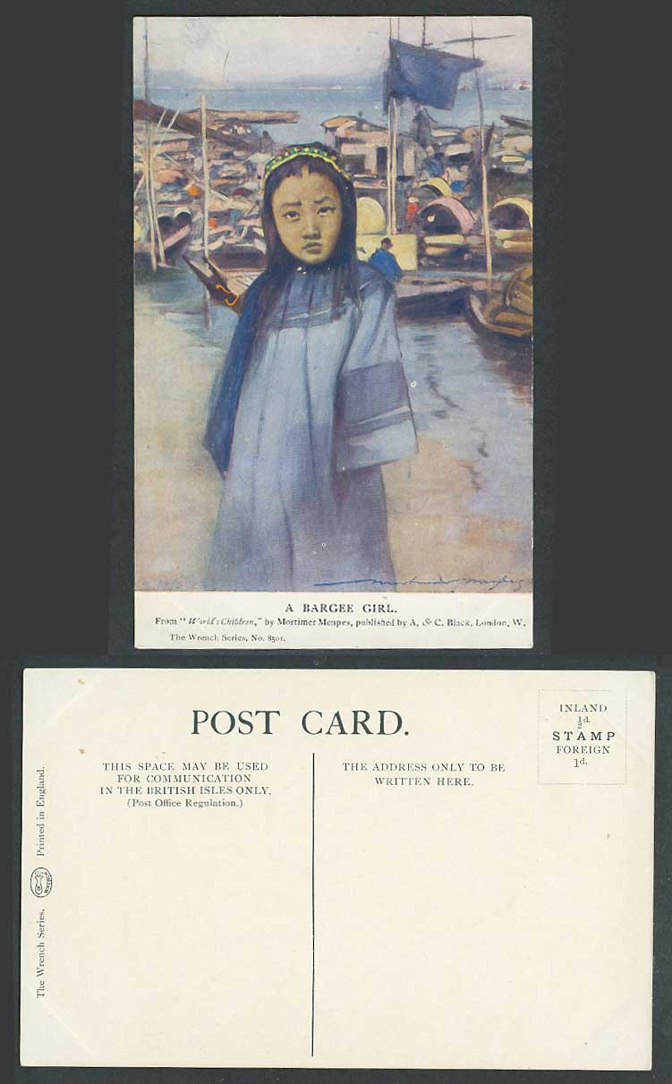 China Old ART Postcard Chinese BARGEE GIRL Sampans Boats Harbour Mortimer Menpes
