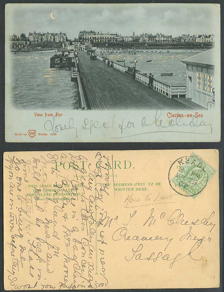 HOLD TO THE LIGHT Clacton-on-Sea, View on Pier, Boats Panorama 1907 Old Postcard