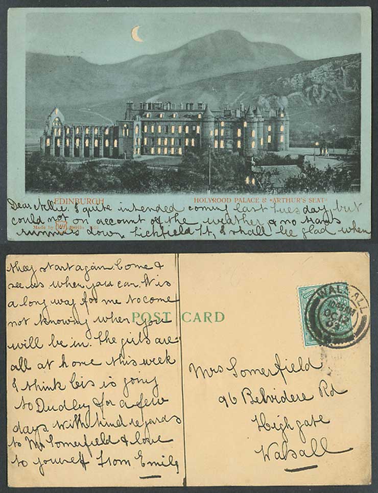 HOLD TO THE LIGHT Edinburgh Holyrood Palace & Arthur Seat Moon 1903 Old Postcard