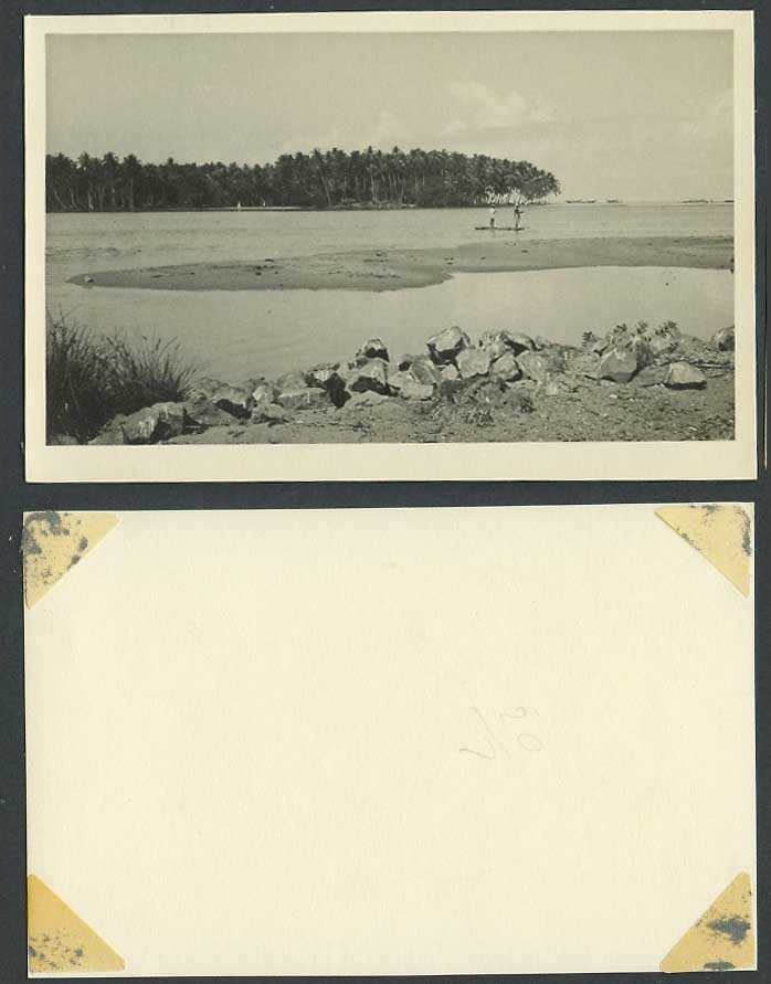 Ceylon Old Real Photo Card Native Fishermen Fishing, Boat Palm Trees Rocks Coast