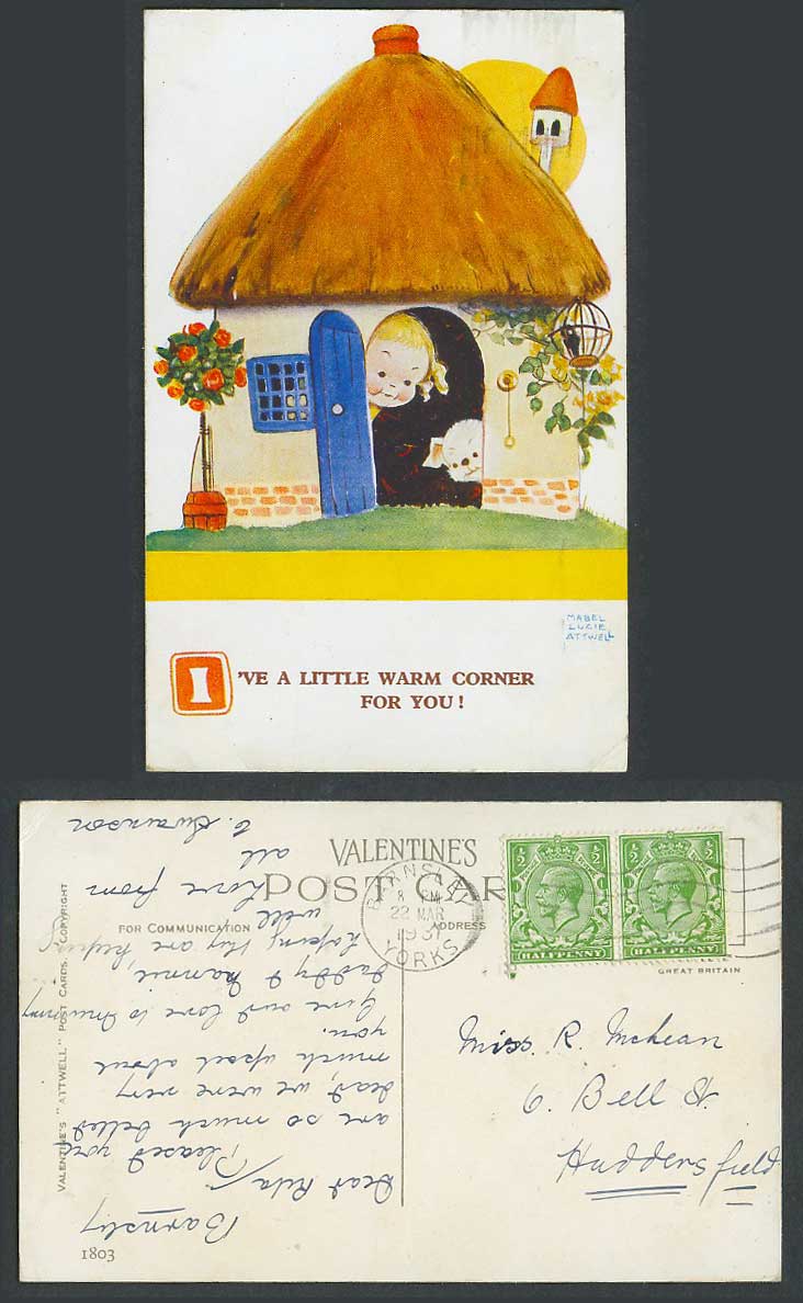MABEL LUCIE ATTWELL 1931 Old Postcard Girl Dog a Little Warm Corner For You 1803