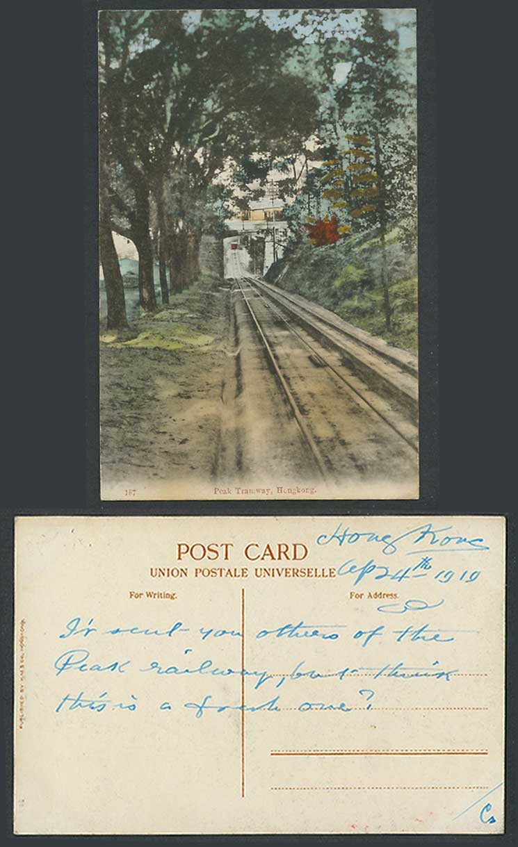 Hong Kong China 1919 Old Hand Tinted Postcard PEAK TRAMWAY TRAM Bridge Trees 187
