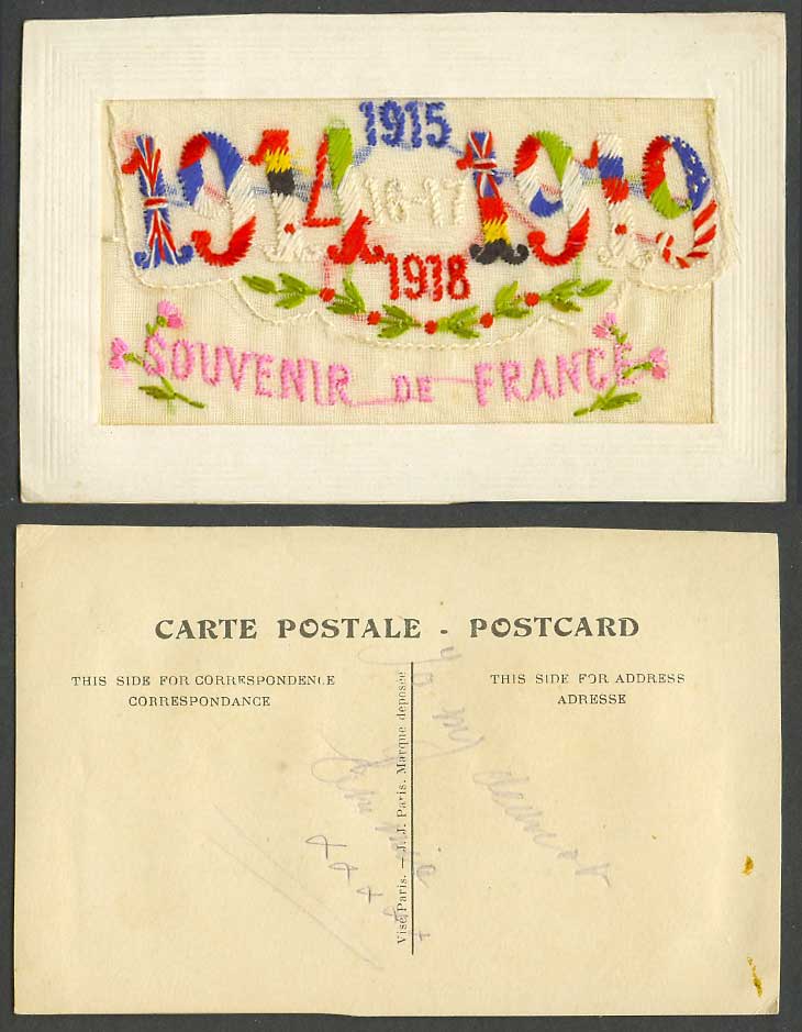 WW1 SILK Embroidered 1914 to 1919 Old Postcard Souvenir de France, Empty Wallet