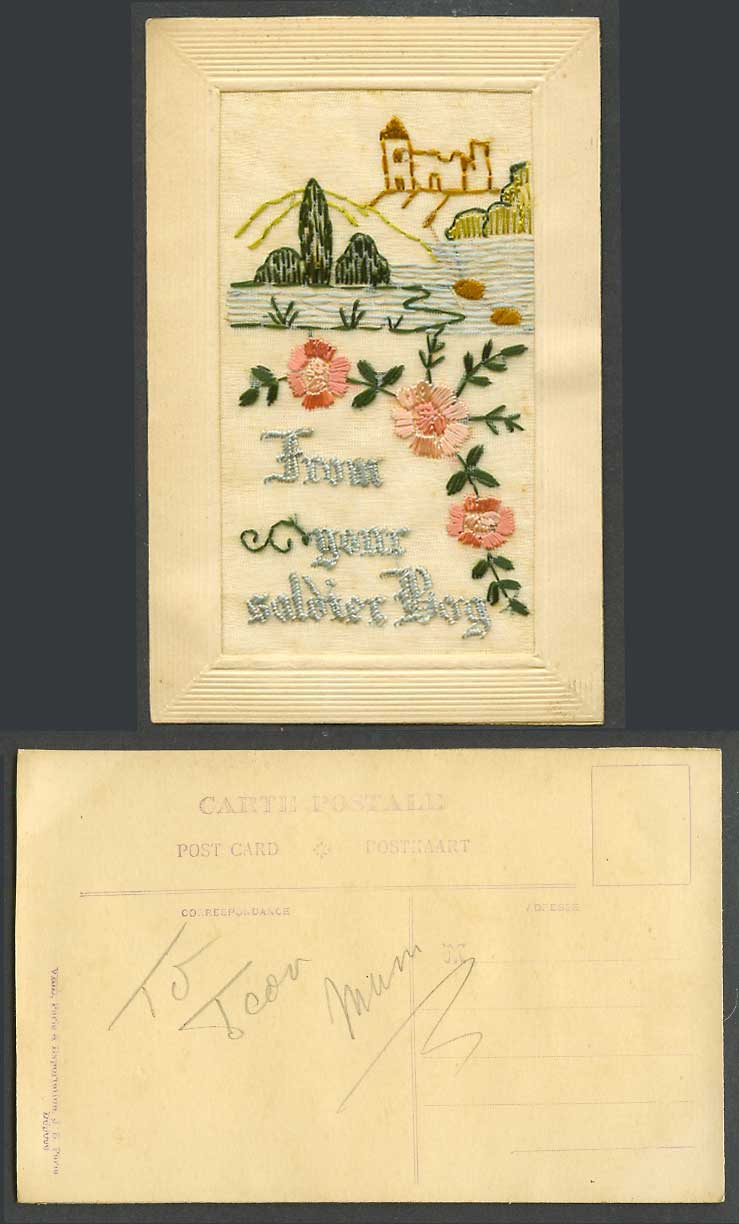 WW1 SILK Embroidered Old Postcard From Your Soldier Boy, Castle Flowers Lake Sea