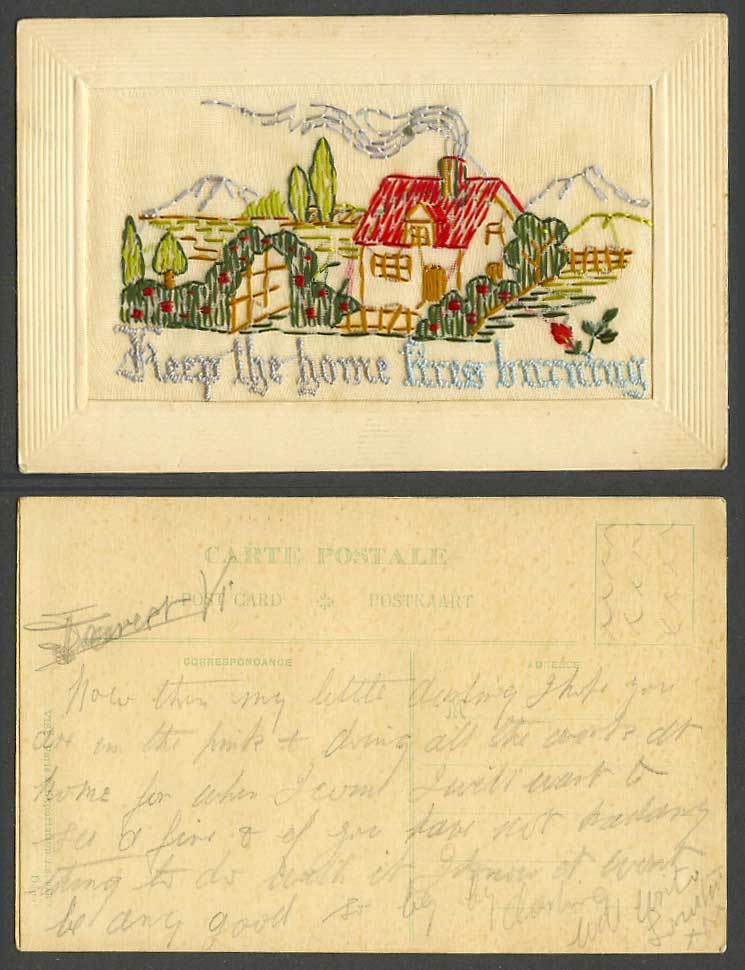 WW1 SILK Embroidered Old Postcard Keep The Home Fires Burning Cottage House Gdns