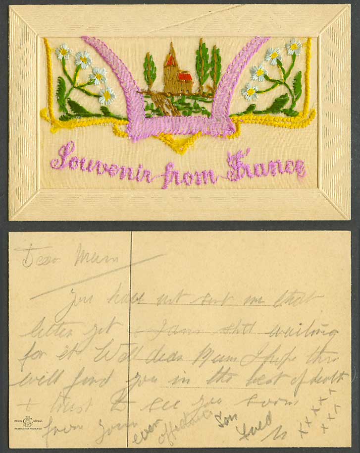 WW1 SILK Embroidered Old Postcard Souvenir from France Flowers Tree Empty Wallet