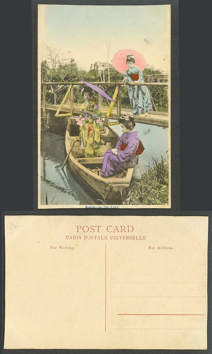 Japan Old Hand Tinted Postcard Geisha Girls Women Boating on Lake, Bridge, Boat