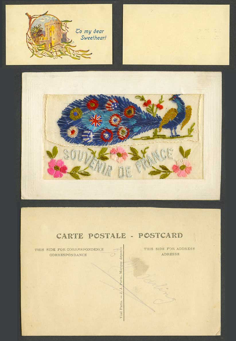 WW1 SILK Embroidered Old Postcard Peacock Bird Souvenir from France, Wallet Card